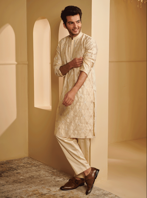 Mulmul Pima Satin Vara Off White Kurta With Vara Off White Pyajama Sale