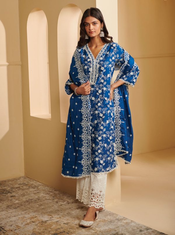 Mulmul Cotton Tahira Navy Kurta With Mulmul Cotton Rylee White Palazzo Supply