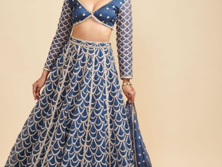 Mulmul Organza Morni Navy Lehenga Online Sale