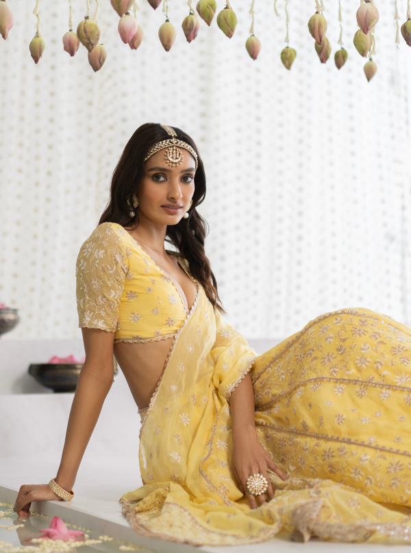 Mulmul Organza Madhvi Yellow Lehenga Online now