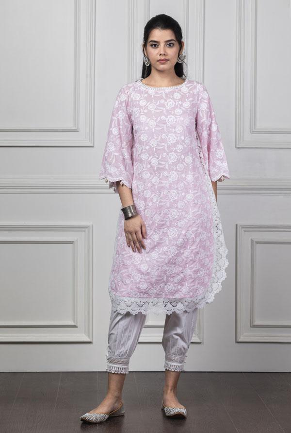 Mulmul Rosebud Pink Kurta With Harem Pyajama Online Hot Sale