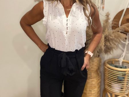 White and black polka dot top  blouse  wear to work   basics Hot on Sale