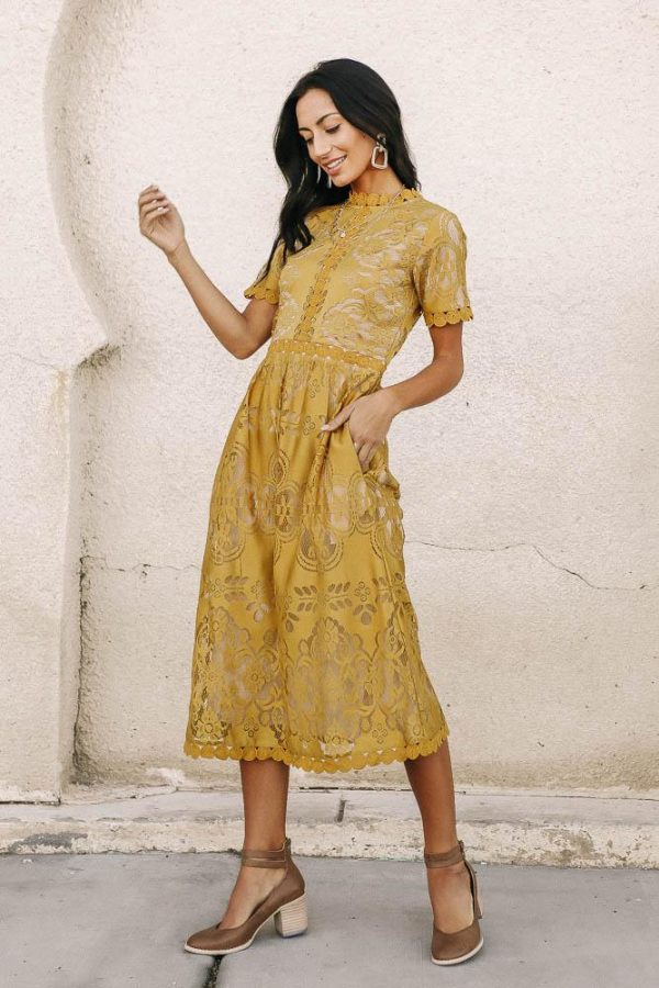 Grace Lace Dress in Mustard For Sale