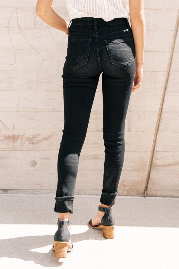 KanCan High-Rise Distressed Knee Black Denim For Sale