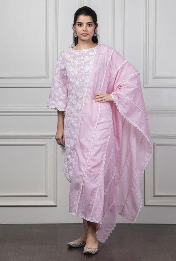 Mulmul Rosebud Pink Kurta With Harem Pyajama Online Hot Sale