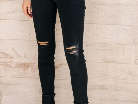 KanCan High-Rise Distressed Knee Black Denim For Sale