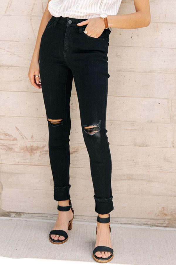 KanCan High-Rise Distressed Knee Black Denim For Sale