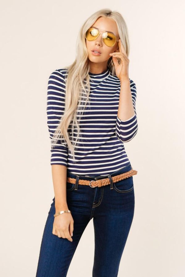 This Chic Blue & White Mock Neck Top-FINAL SALE For Sale