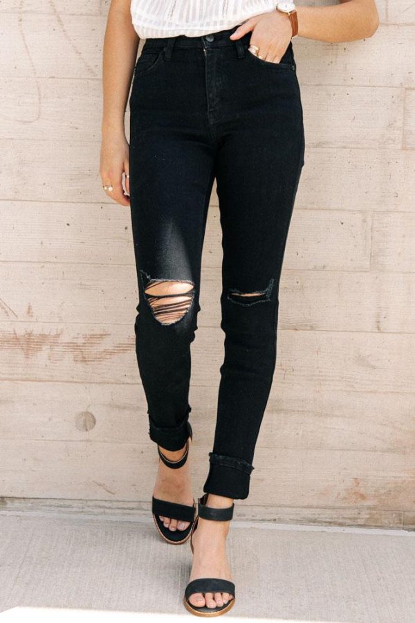 KanCan High-Rise Distressed Knee Black Denim For Sale