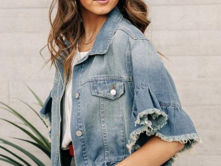 Emelie Ruffle Denim Jacket in Medium Wash For Cheap