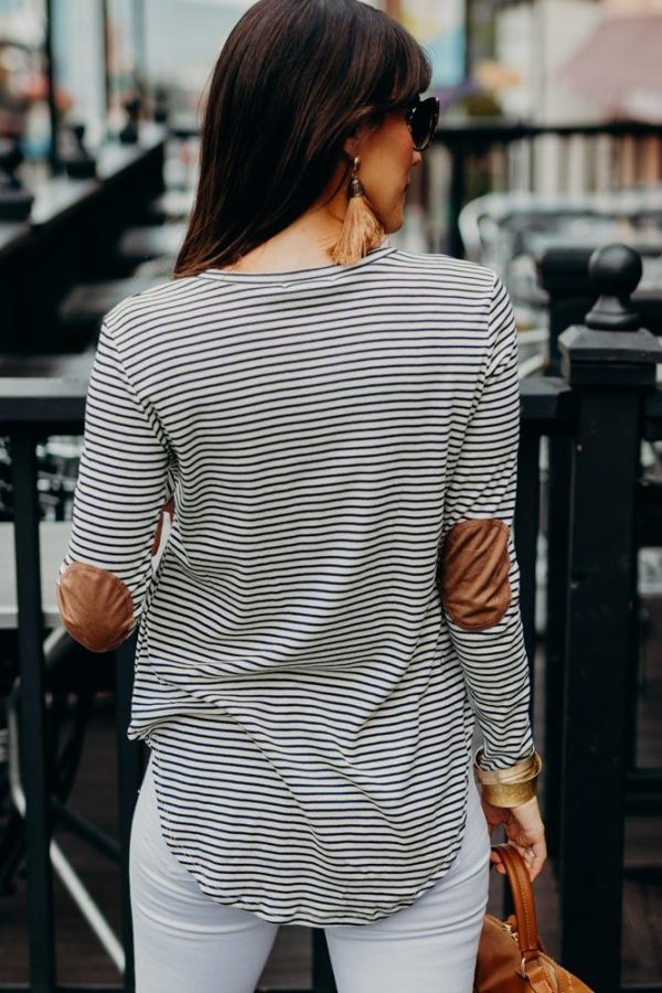 Lifestyle Suede Elbow Patch Striped Top Fashion