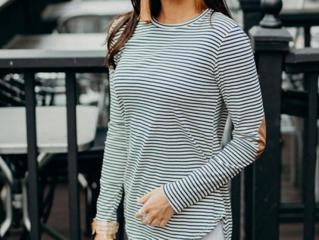 Lifestyle Suede Elbow Patch Striped Top Fashion