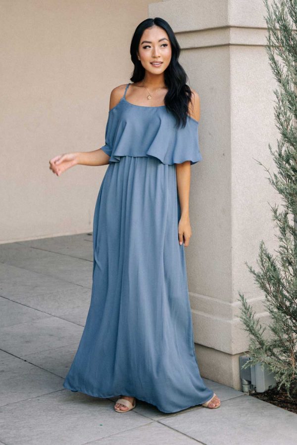 Toni Off the Shoulder Maxi Dress in Slate Blue For Sale