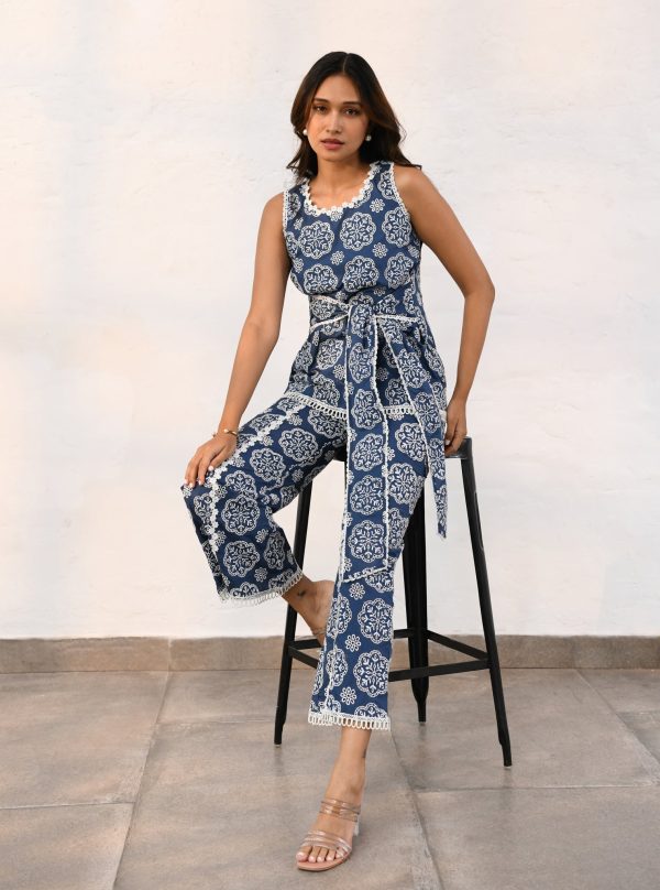 Mulmul Cotton Brighton Navy Top With Brighton Navy Pant Fashion