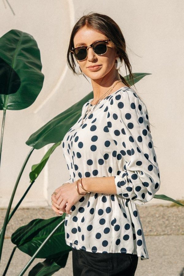 Polka Dot Long Sleeve Peplum Top Hot on Sale