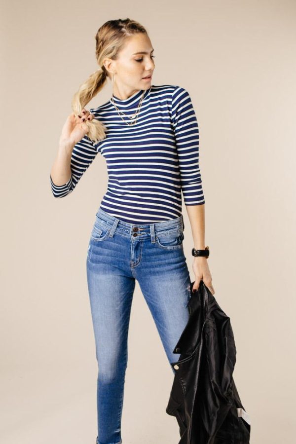 This Chic Blue & White Mock Neck Top-FINAL SALE For Sale