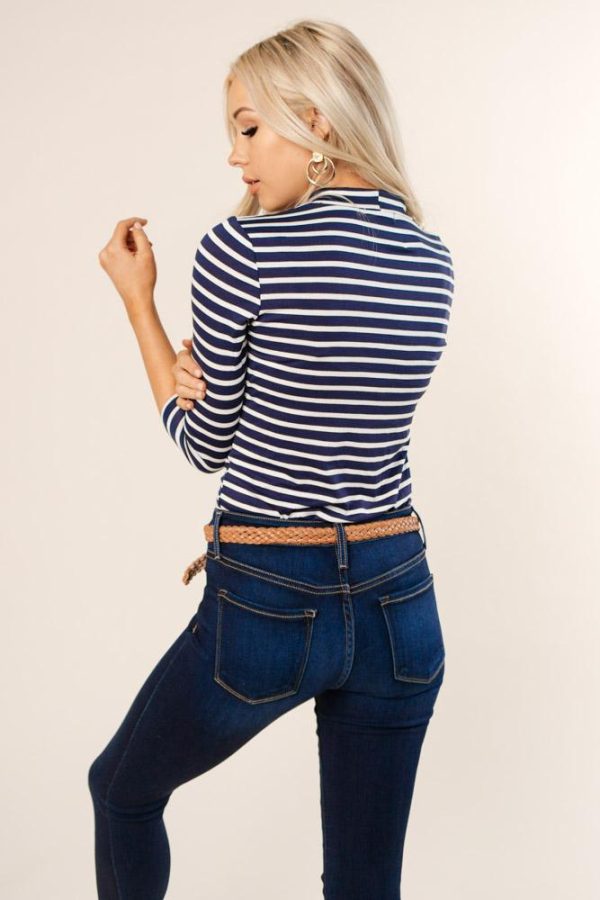 This Chic Blue & White Mock Neck Top-FINAL SALE For Sale